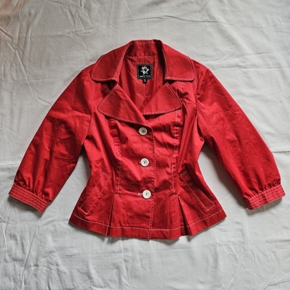 Y2k Abbie Mags red accent buttons 3/4 sleeves retro pea coat jacket Size L - Picture 1 of 7